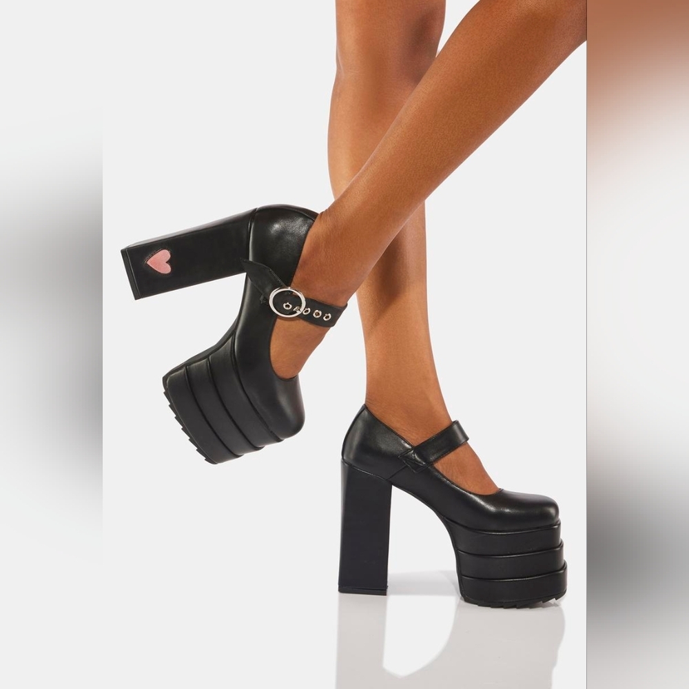 Platform Mary Jane Heels in Black with Pink Heart Accent